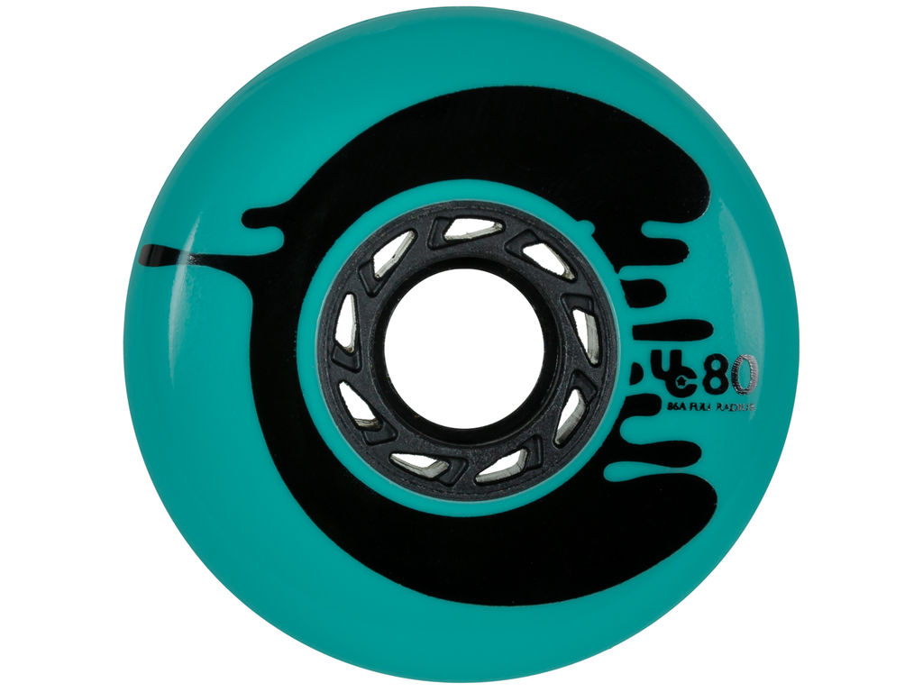 Teal UnderCover Cosmic Roche inline skate wheel of 80 mm and 88A durometer with full radius in front view
